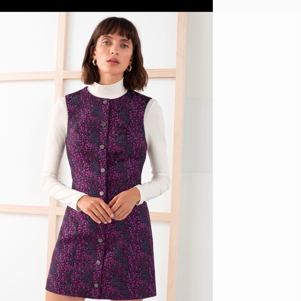 & Other Stories Paris Atelier Purple Floral Metallic Jacquard Mini Dress Size 6